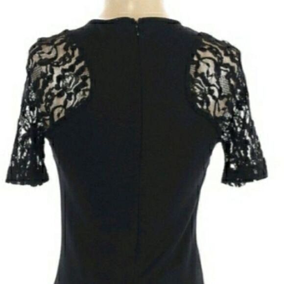CO Lace Illusion Neckline Short Sleeve‎ Crew Neck Stretch Mini Dress Black Sz S - Picture 7 of 9